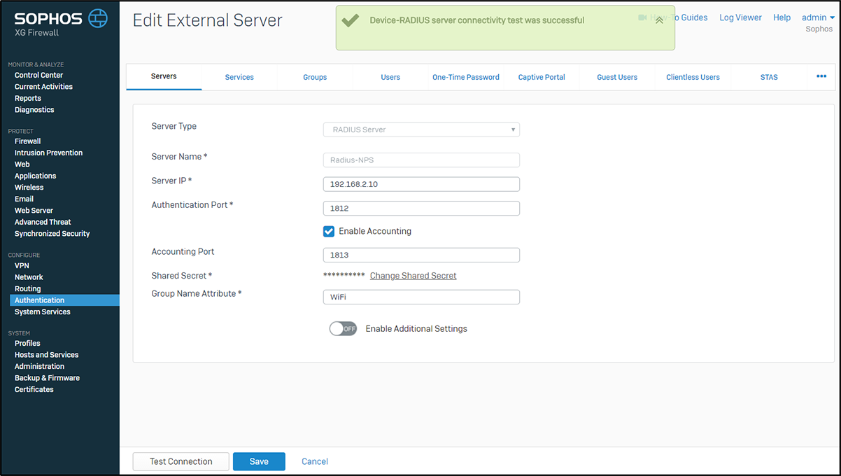 RADIUS server connectivity test success message